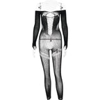 Off shoulder long sleeve beaded hollow out jumpsuit  | Festival Outfits Women