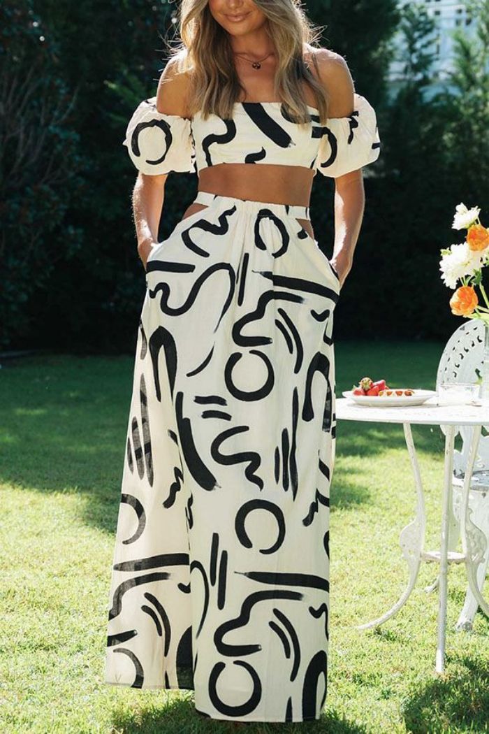 Summer Puff Sleeves Sexy Printed Set