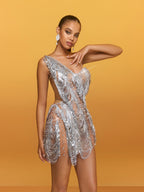 One Shoulder Rhinestone Fringe Crystal Mesh Bodycon Mini Dress