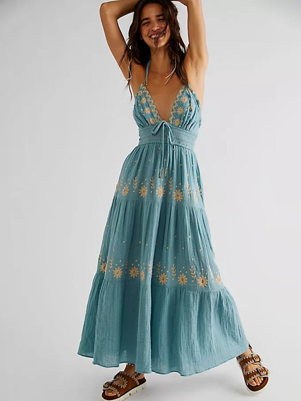 Floral Embroidery Plunging V-Neck Tie Waist Tiered Gauze Maxi Dress