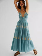 Floral Embroidery Plunging V-Neck Tie Waist Tiered Gauze Maxi Dress
