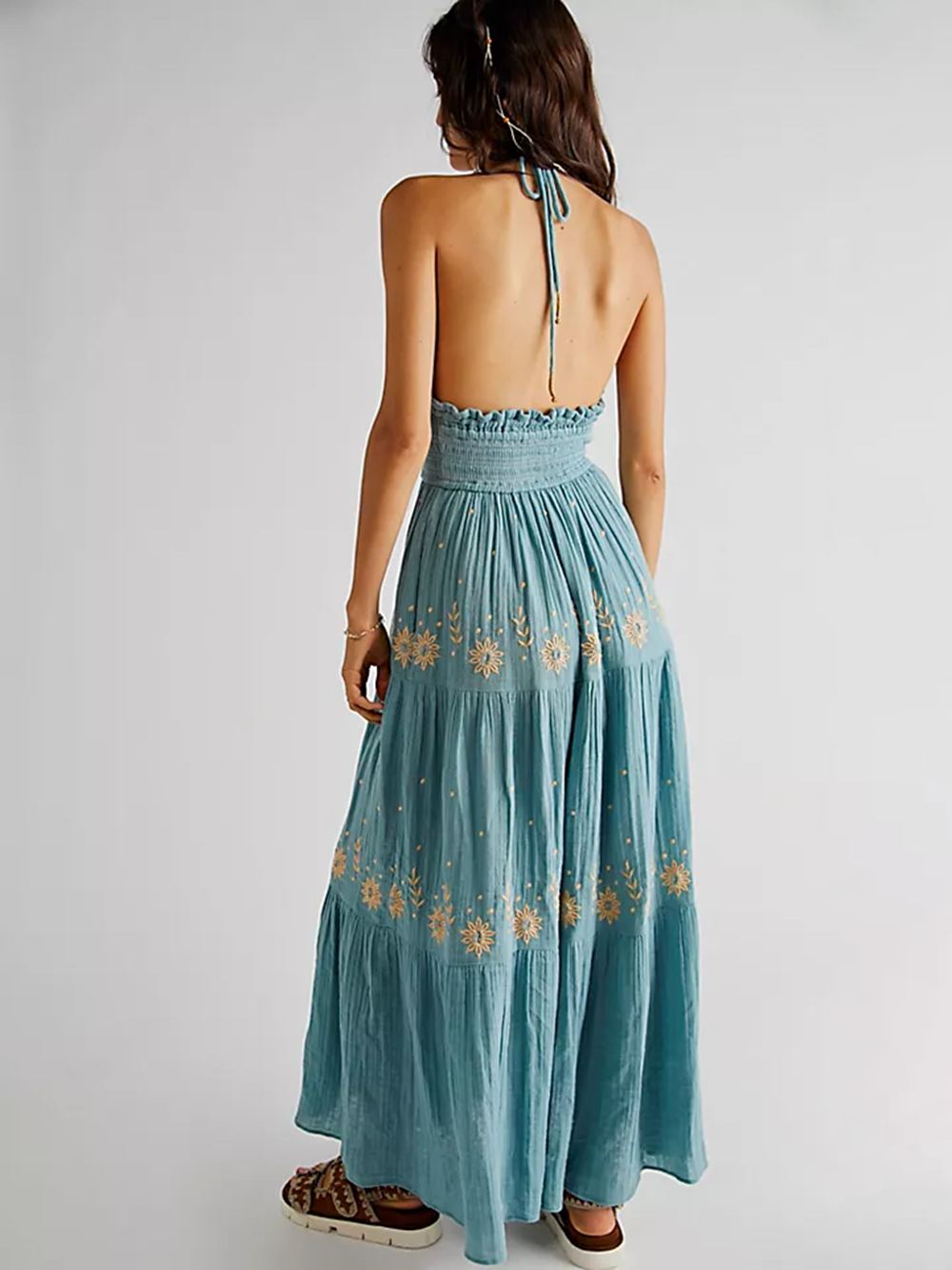 Floral Embroidery Plunging V-Neck Tie Waist Tiered Gauze Maxi Dress