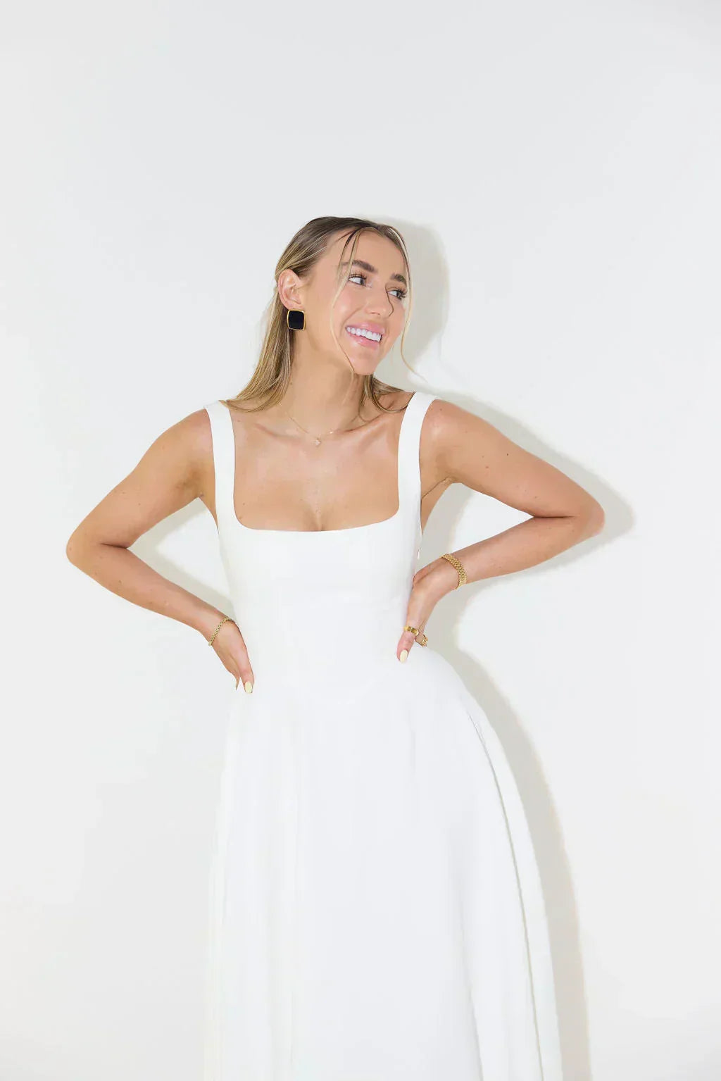 Square Neck Princess Seam Pointed Drop Waist Fit and Flare Midi Dress