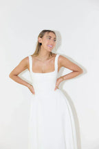 Square Neck Princess Seam Pointed Drop Waist Fit and Flare Midi Dress