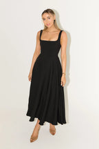 Square Neck Princess Seam Pointed Drop Waist Fit and Flare Midi Dress