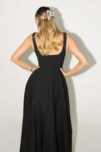 Square Neck Princess Seam Pointed Drop Waist Fit and Flare Midi Dress