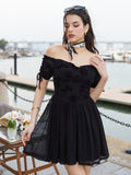 Off Shoulder Drawstring Cuffs Mesh Dress