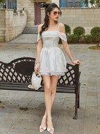 Off Shoulder Jacquard Crisscross Tie Back Cami Dress