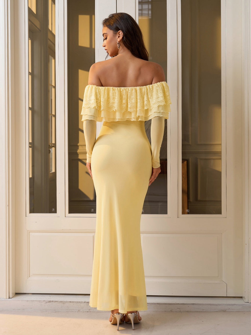 Off Shoulder Long Sleeve Bodycon Mesh Dress