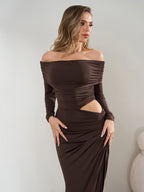 Off Shoulder Ruched Cut Out Waist Bodycon Dress