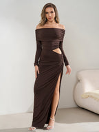 Off Shoulder Ruched Cut Out Waist Bodycon Dress