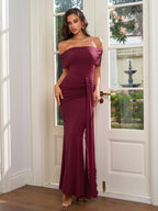 Off Shoulder Ruched Ribbon Trim Solid Dress