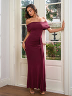 Off Shoulder Ruched Ribbon Trim Solid Dress