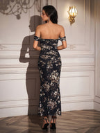 Ruched Off Shoulder Zipper Back Floral Bodycon Dress