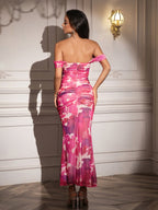 Ruched Off Shoulder Zipper Back Floral Bodycon Dress