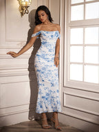 Ruched Off Shoulder Zipper Back Floral Bodycon Dress