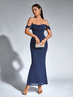 Off Shoulder Ruched Zipper Back Bodycon Dress