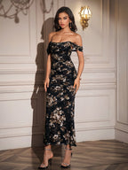 Ruched Off Shoulder Zipper Back Floral Bodycon Dress