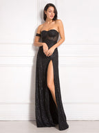Sequin Strapless Sweetheart Corset Bodice High Split Maxi Gown