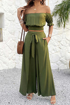 Off-shoulder Crop Top Tie-up Pants Suits
