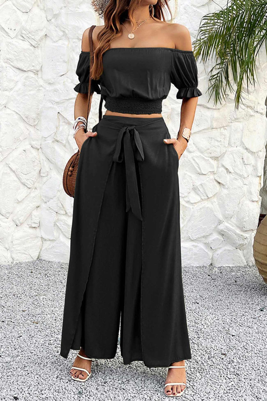 Off-shoulder Crop Top Tie-up Pants Suits