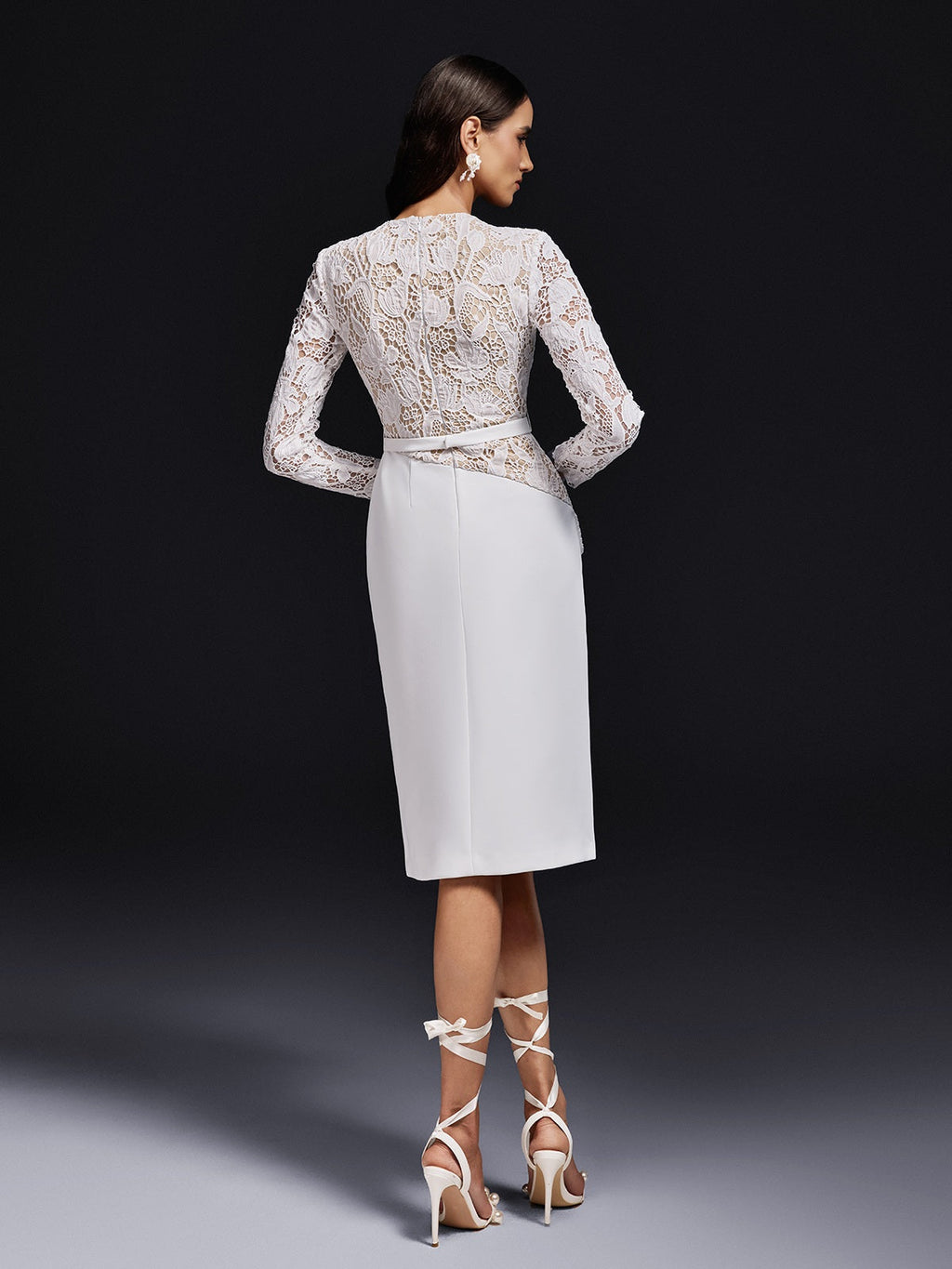 Floral Lace Long Sleeve Belted Pencil Overlay Midi Cocktail Dress