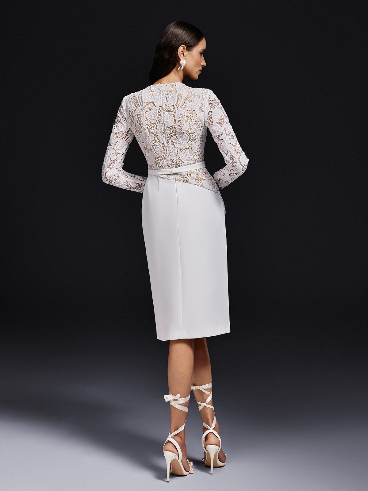 Floral Lace Long Sleeve Belted Pencil Overlay Midi Cocktail Dress