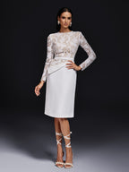Floral Lace Long Sleeve Belted Pencil Overlay Midi Cocktail Dress