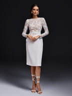 Floral Lace Long Sleeve Belted Pencil Overlay Midi Cocktail Dress
