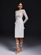 Floral Lace Long Sleeve Belted Pencil Overlay Midi Cocktail Dress