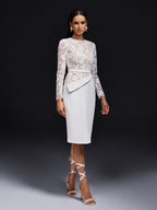 Floral Lace Long Sleeve Belted Pencil Overlay Midi Cocktail Dress