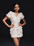 Butterfly Applique V-Neck Puff Sleeve Mini Dress
