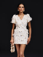 Butterfly Applique V-Neck Puff Sleeve Mini Dress