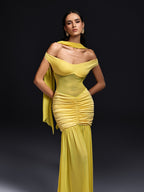Off Shoulder Sweetheart Mesh Panel Ruched Scarf Maxi Dress