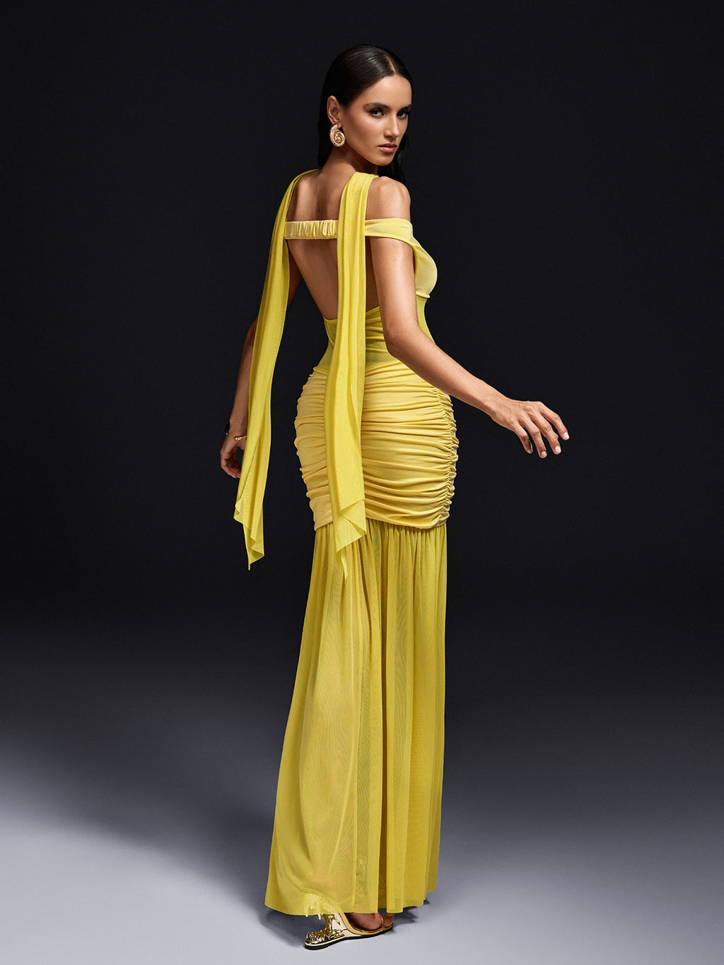 Off Shoulder Sweetheart Mesh Panel Ruched Scarf Maxi Dress