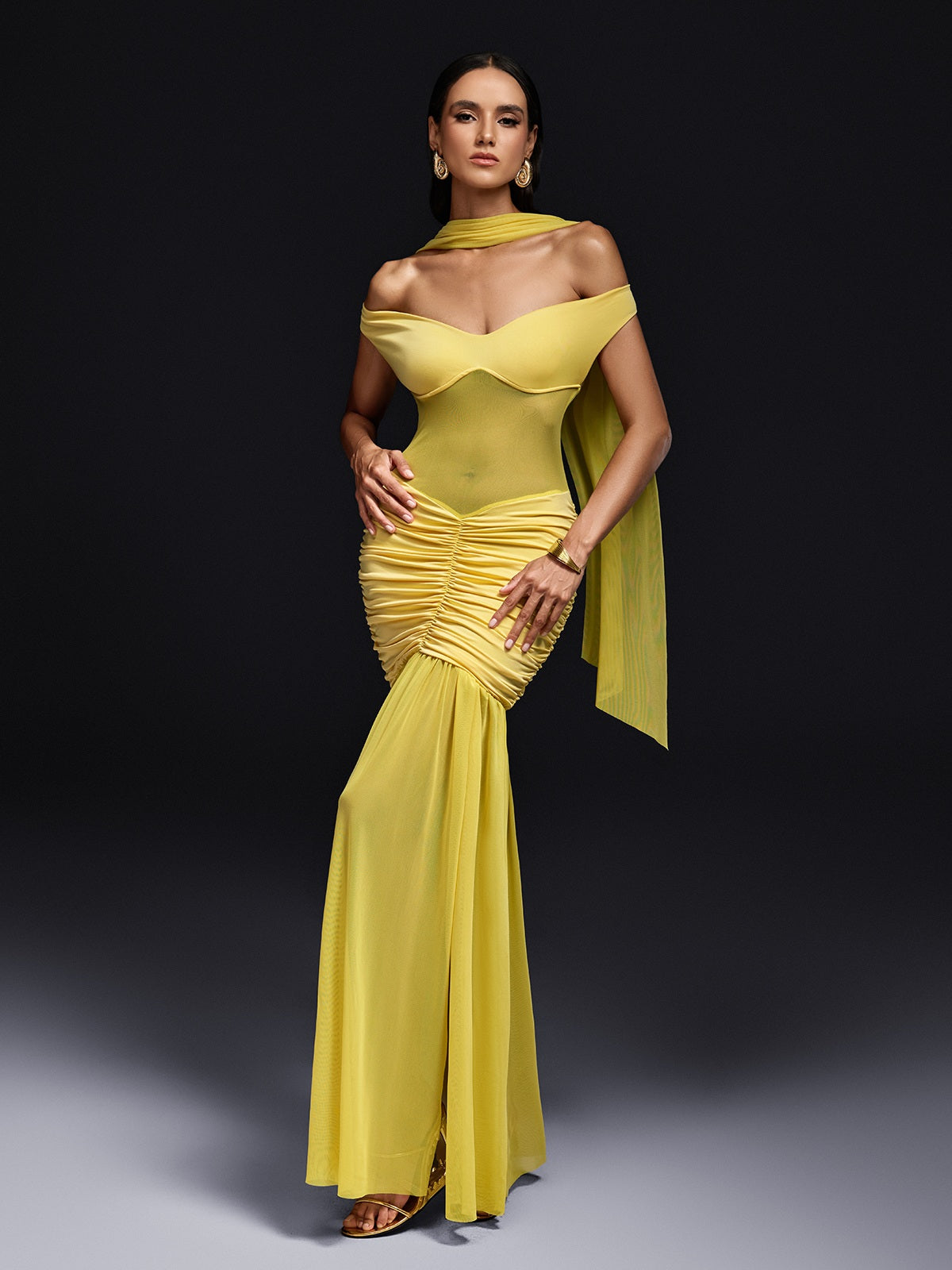 Off Shoulder Sweetheart Mesh Panel Ruched Scarf Maxi Dress