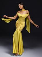 Off Shoulder Sweetheart Mesh Panel Ruched Scarf Maxi Dress