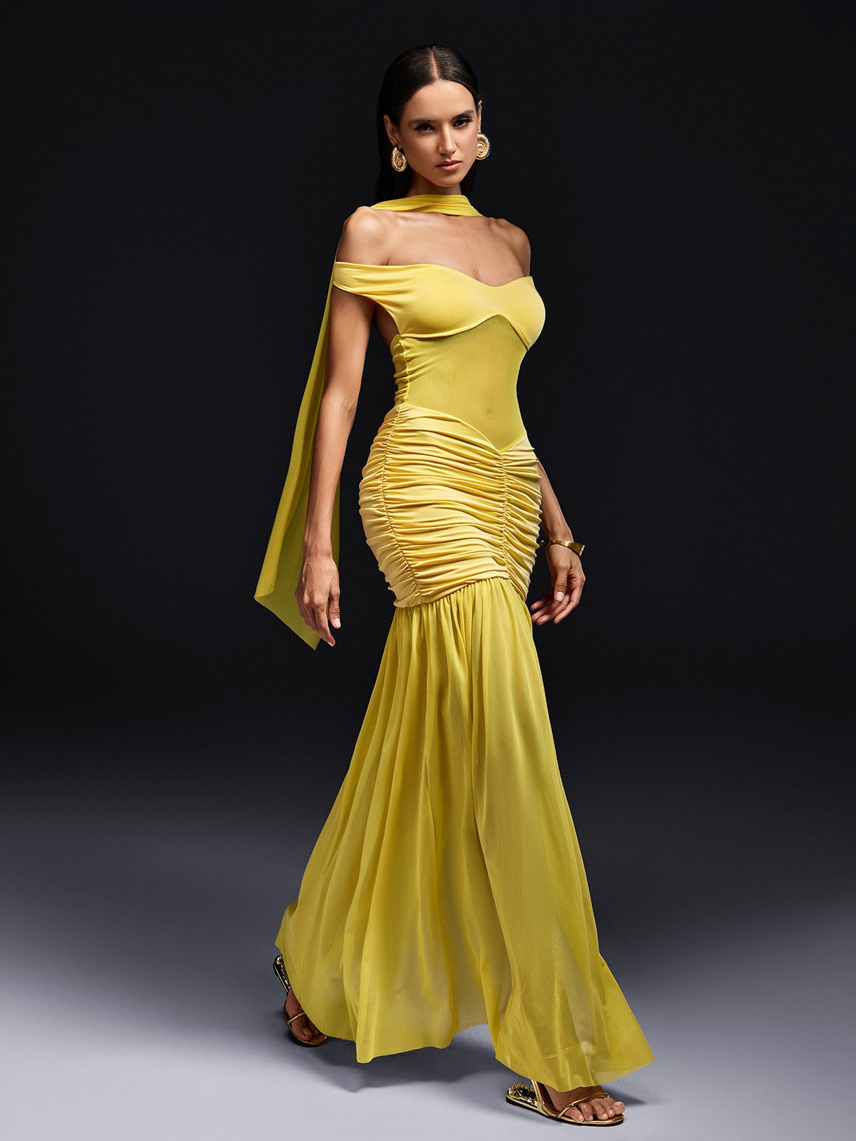 Off Shoulder Sweetheart Mesh Panel Ruched Scarf Maxi Dress