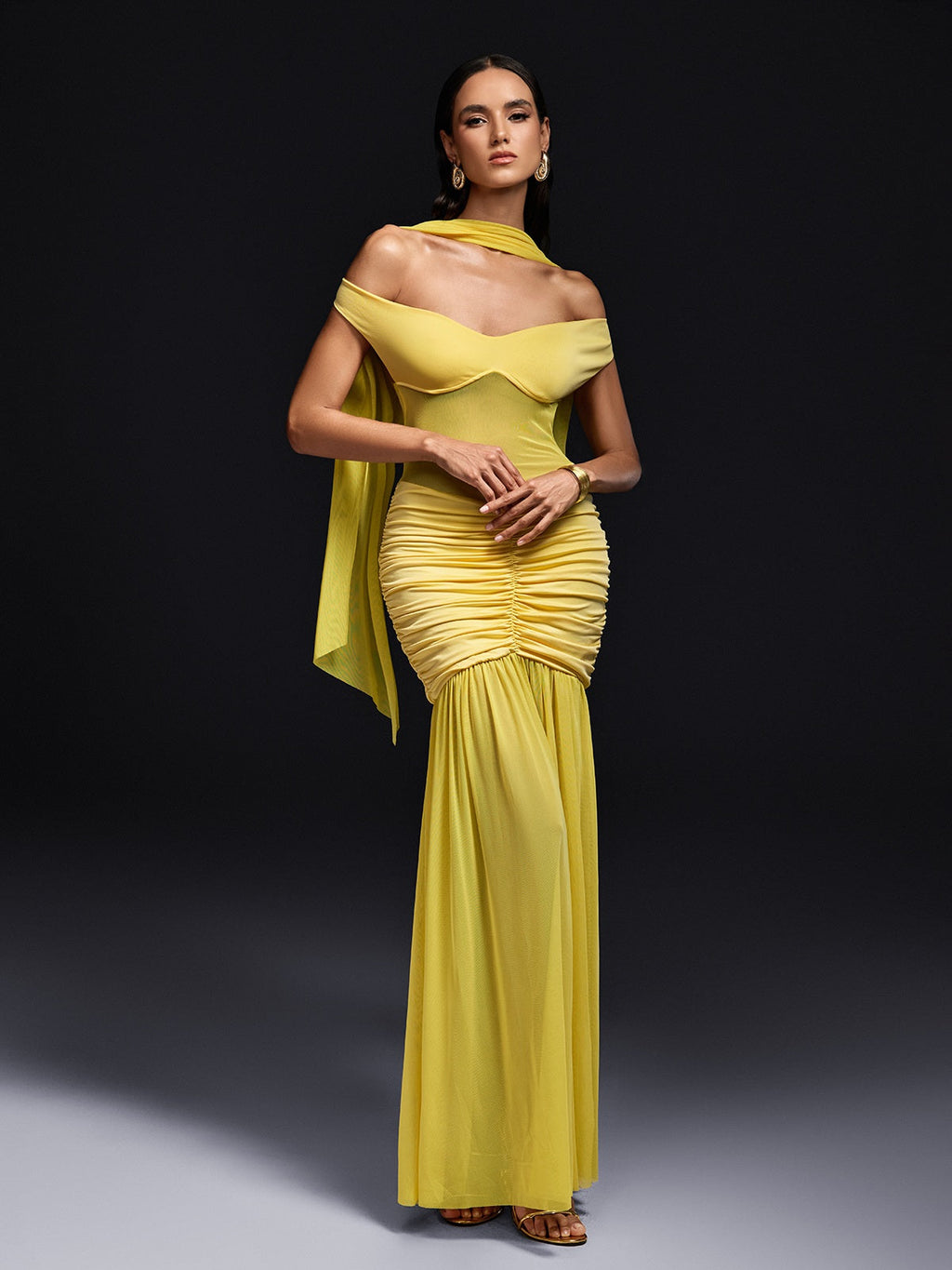 Off Shoulder Sweetheart Mesh Panel Ruched Scarf Maxi Dress