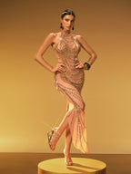 Halter Neck Rhinestone Chain Drape Mesh Maxi Dress