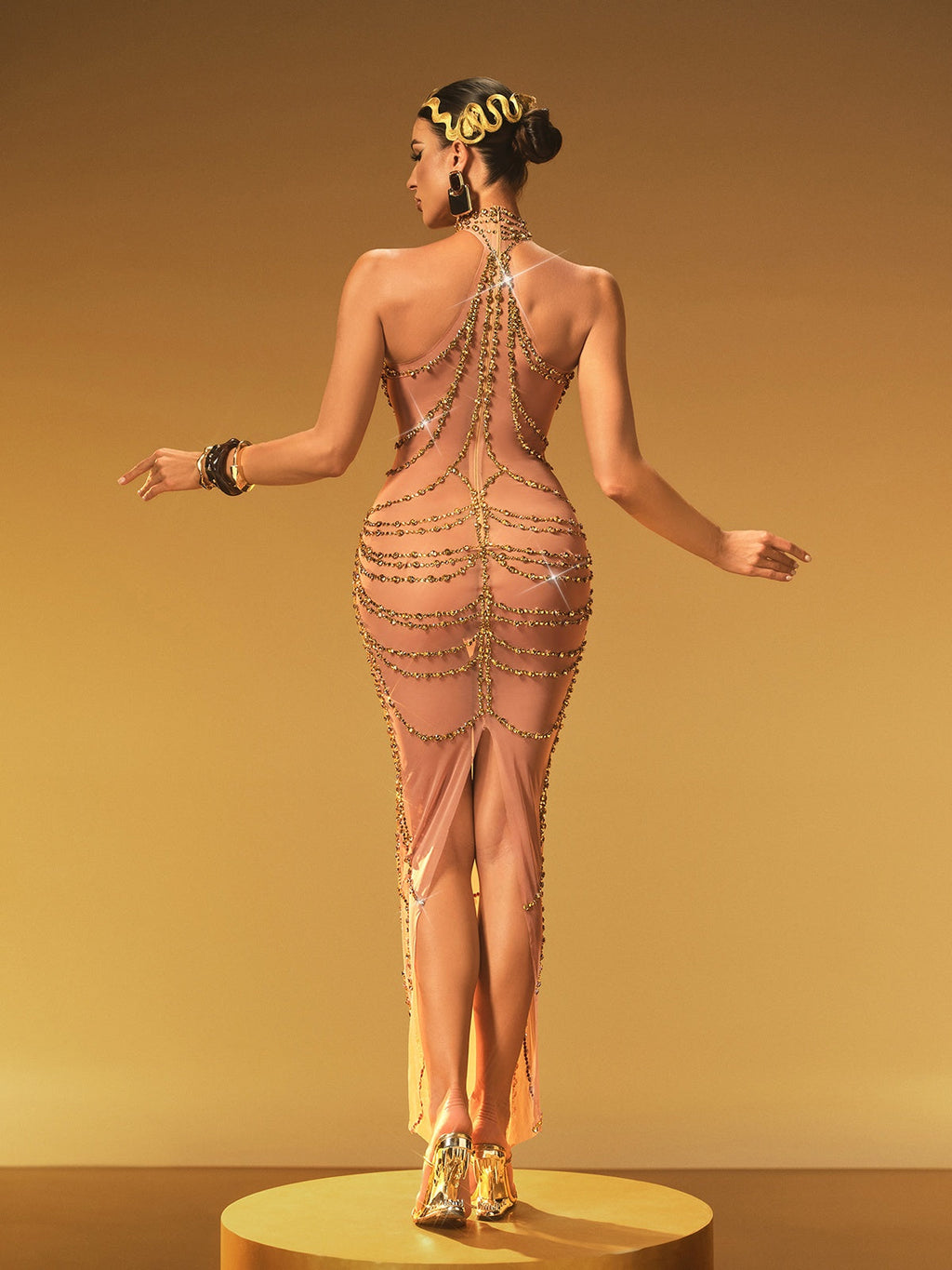 Halter Neck Rhinestone Chain Drape Mesh Maxi Dress