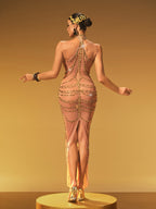 Halter Neck Rhinestone Chain Drape Mesh Maxi Dress