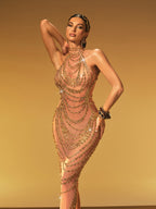 Halter Neck Rhinestone Chain Drape Mesh Maxi Dress