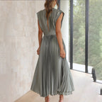 Metallic Sunray Pleated Deep V-Neck Wide Strap Midi Dress