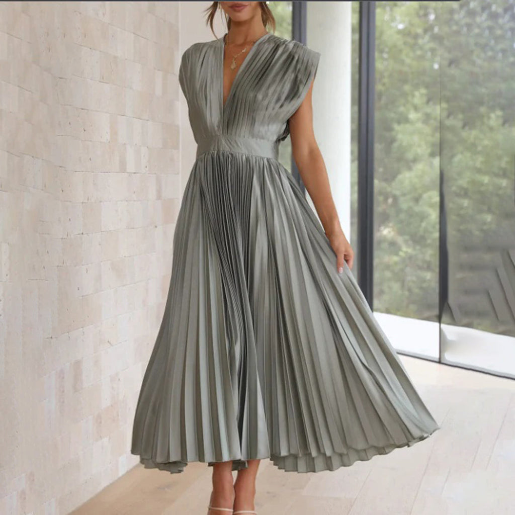Metallic Sunray Pleated Deep V-Neck Wide Strap Midi Dress
