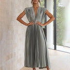 Metallic Sunray Pleated Deep V-Neck Wide Strap Midi Dress