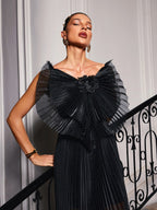 Pleated Fan Collar Rosette Detail Sleeveless Column Maxi Gown