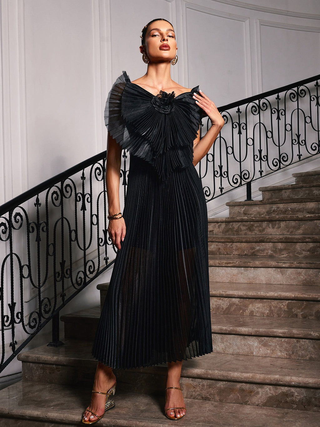 Pleated Fan Collar Rosette Detail Sleeveless Column Maxi Gown