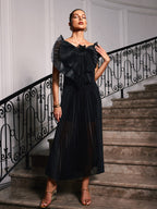 Pleated Fan Collar Rosette Detail Sleeveless Column Maxi Gown