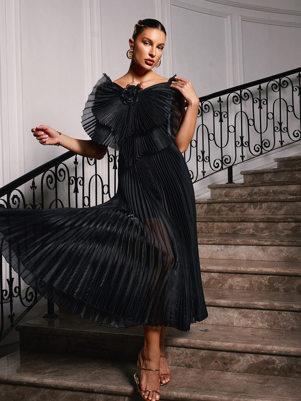 Pleated Fan Collar Rosette Detail Sleeveless Column Maxi Gown